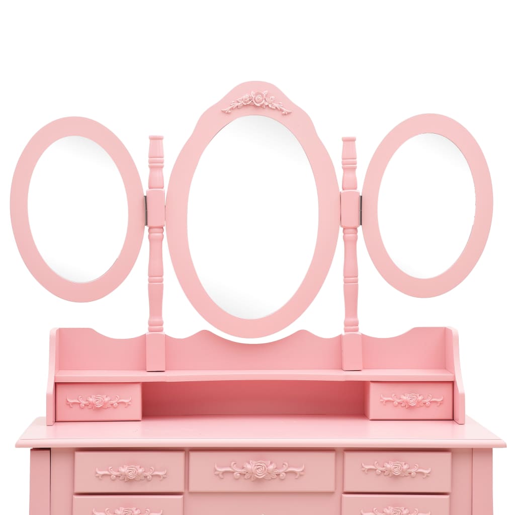 Coiffeuse avec tabouret et miroir pliable en 3 Rose LOLITA
