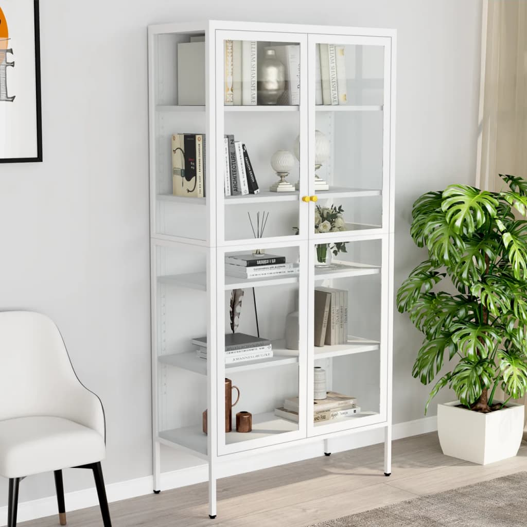 White steel and tempered glass showcase