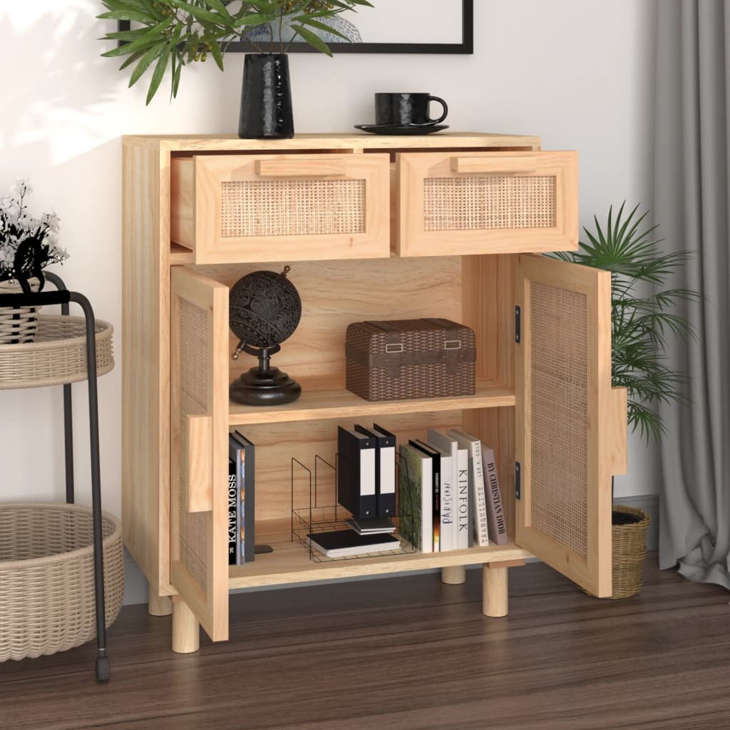 Buffet Marron 60x30x75 cm Bois de pin massif et rotin naturel BOHO