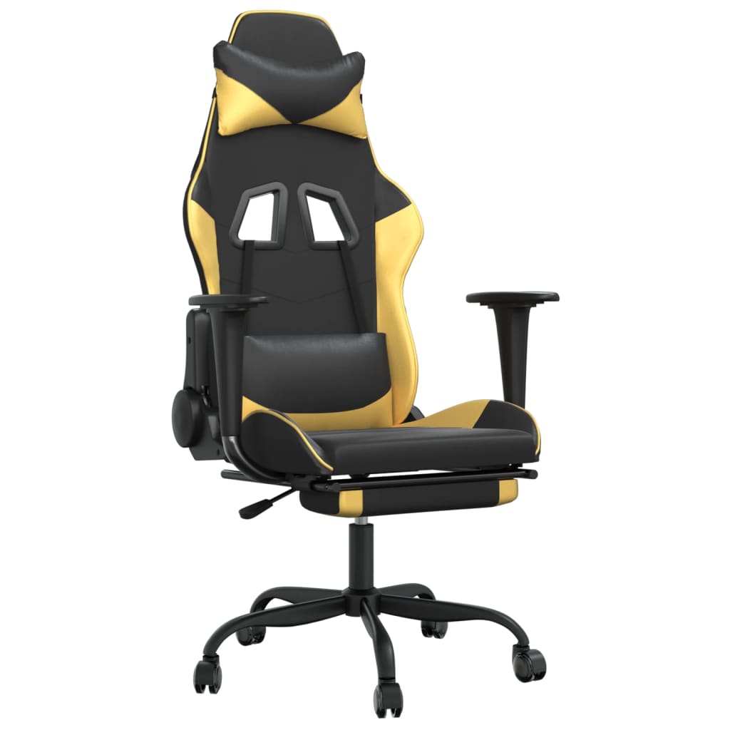 Chaise de Gaming & massage avec repose-pied Noir & Doré Similicuir