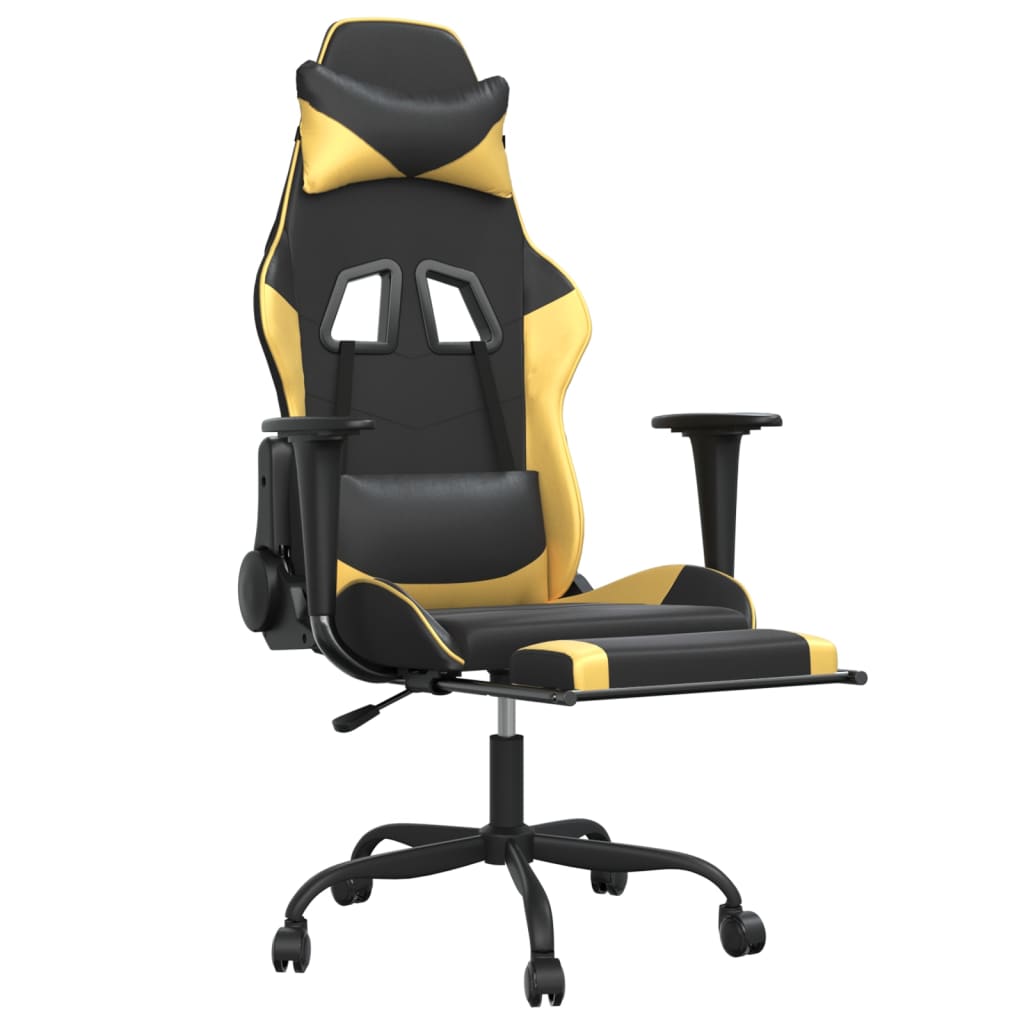 Chaise de Gaming & massage avec repose-pied Noir & Doré Similicuir