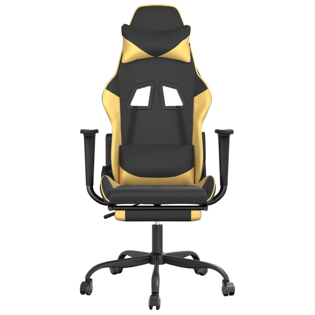 Chaise de Gaming & massage avec repose-pied Noir & Doré Similicuir