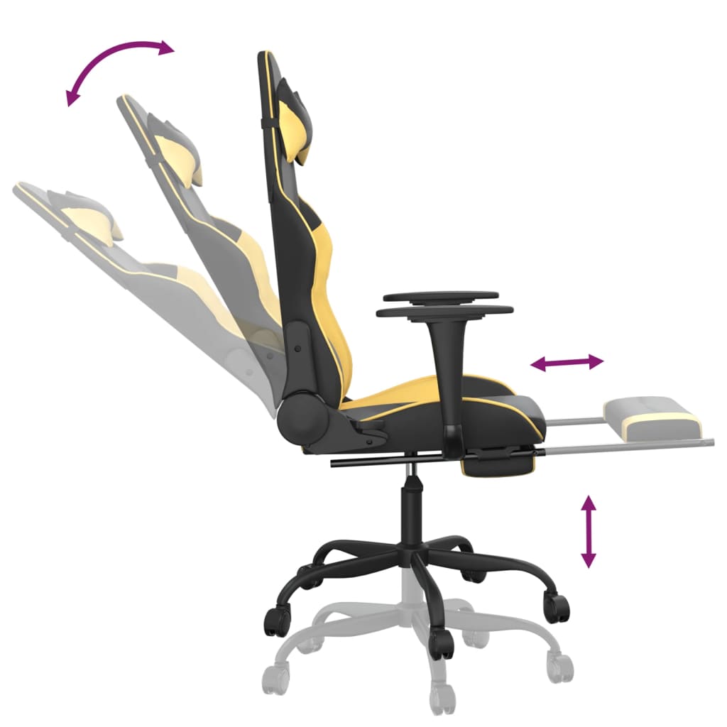 Chaise de Gaming & massage avec repose-pied Noir & Doré Similicuir