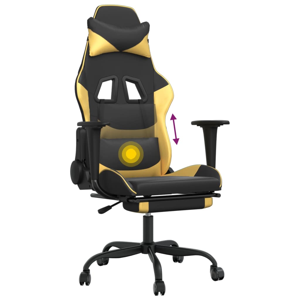 Chaise de Gaming & massage avec repose-pied Noir & Doré Similicuir