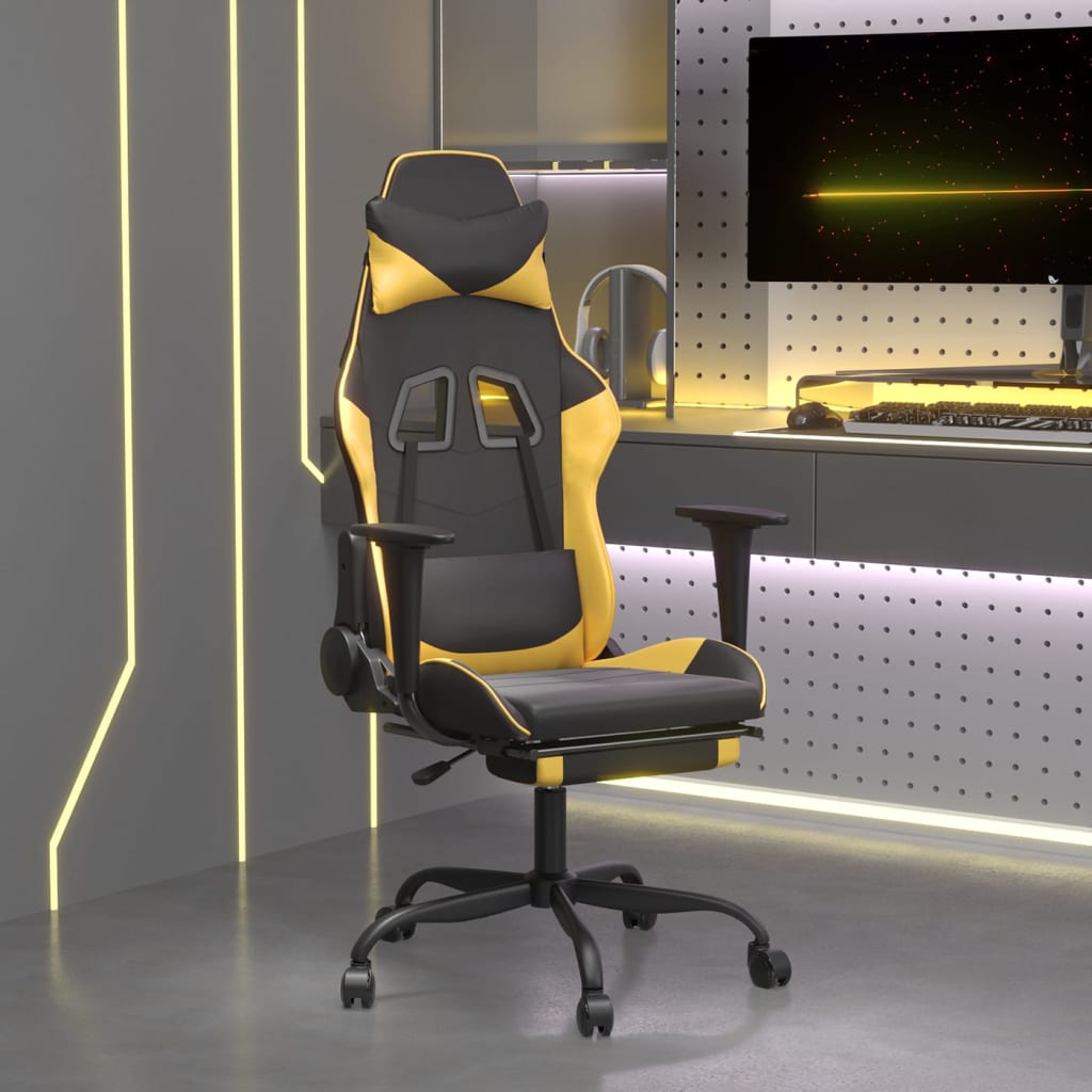 Chaise de Gaming & massage avec repose-pied Noir & Doré Similicuir