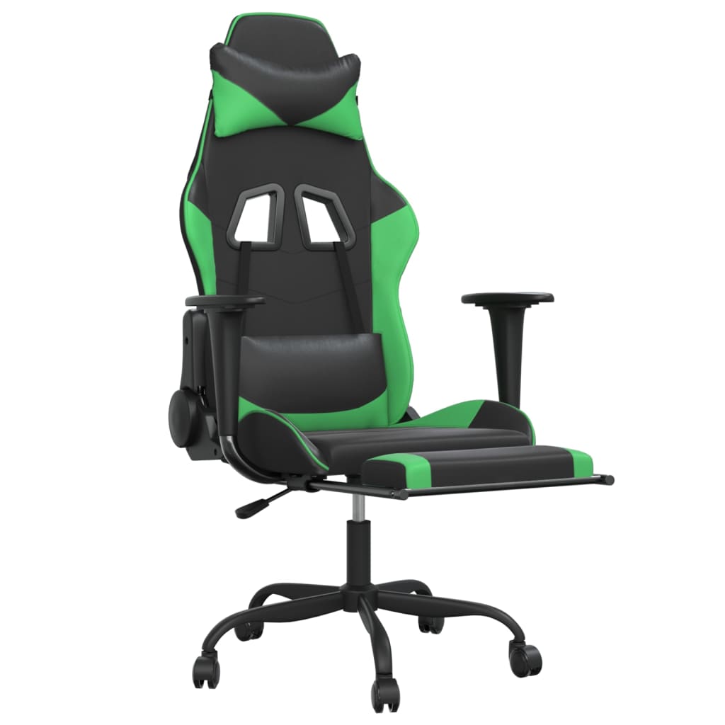 Cadeira de jogos e massagem e apoios de pés pretos e verdes