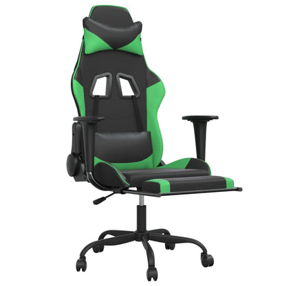 Cadeira de jogos e massagem e apoios de pés pretos e verdes