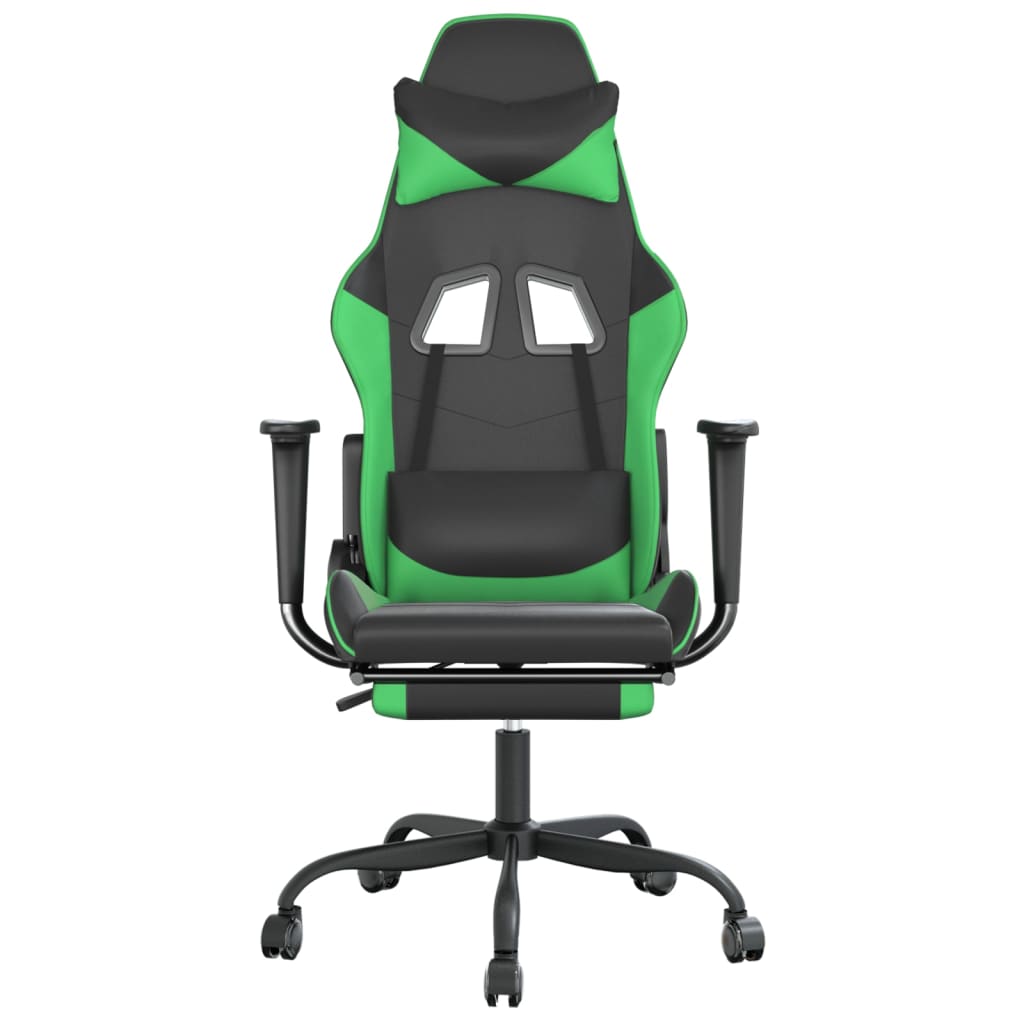 Cadeira de jogos e massagem e apoios de pés pretos e verdes