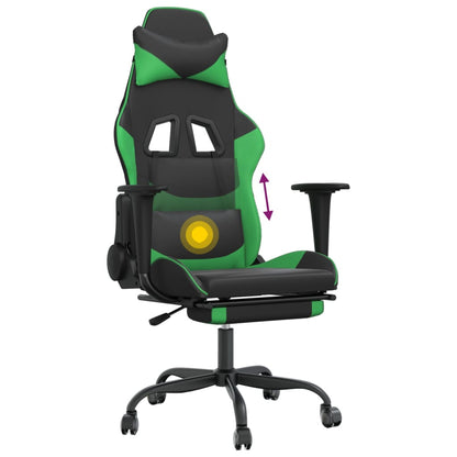 Cadeira de jogos e massagem e apoios de pés pretos e verdes