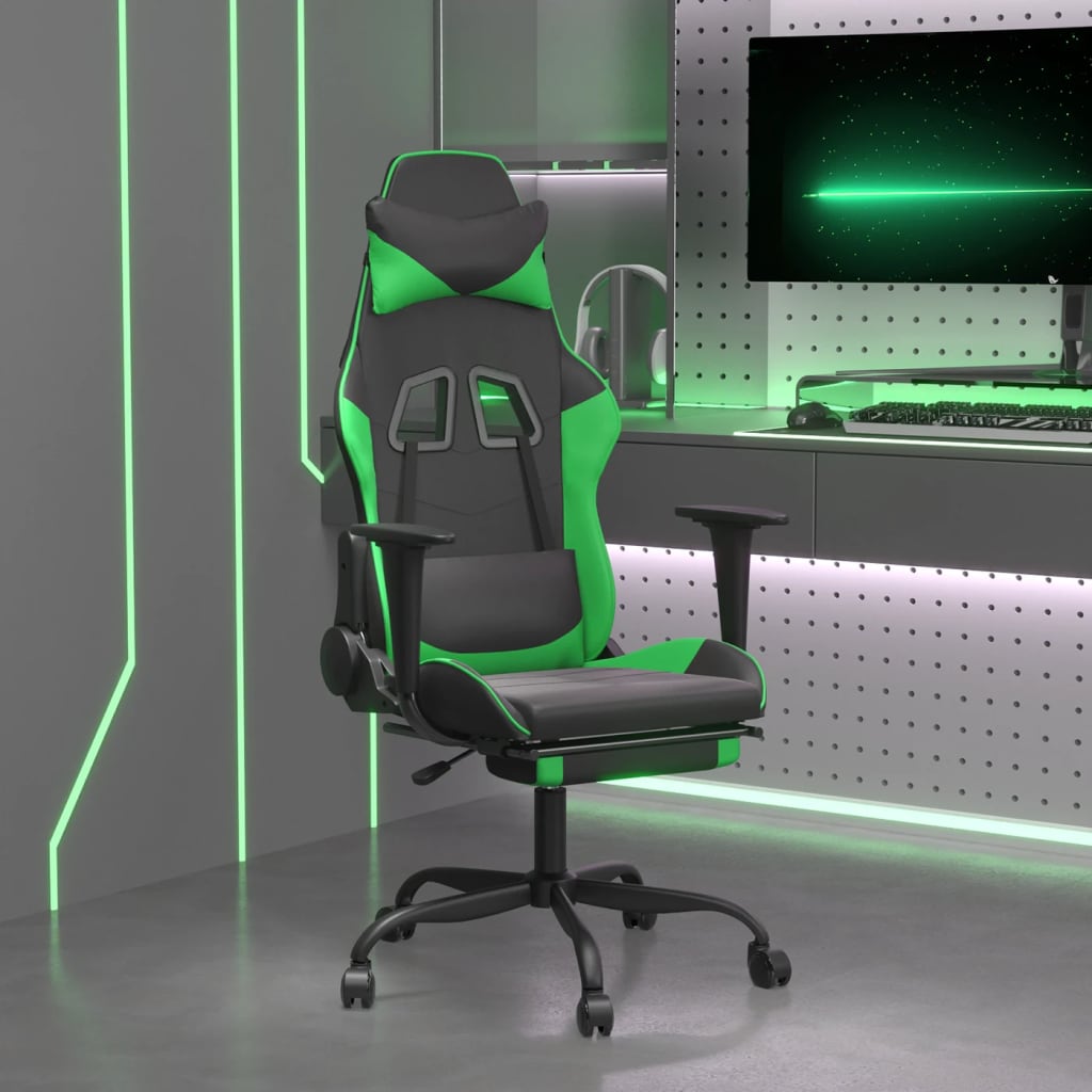 Cadeira de jogos e massagem e apoios de pés pretos e verdes