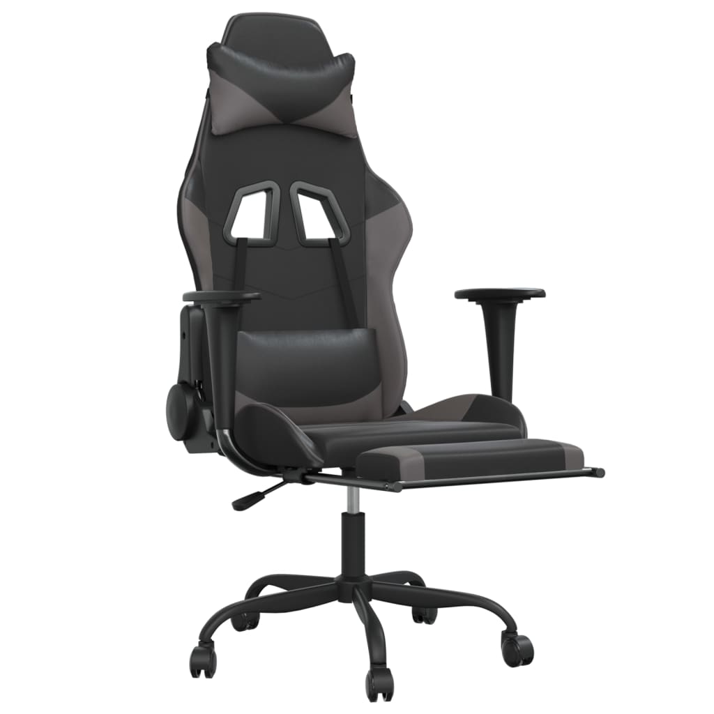 Chaise de Gaming & massage avec repose-pied Noir & Gris Similicuir