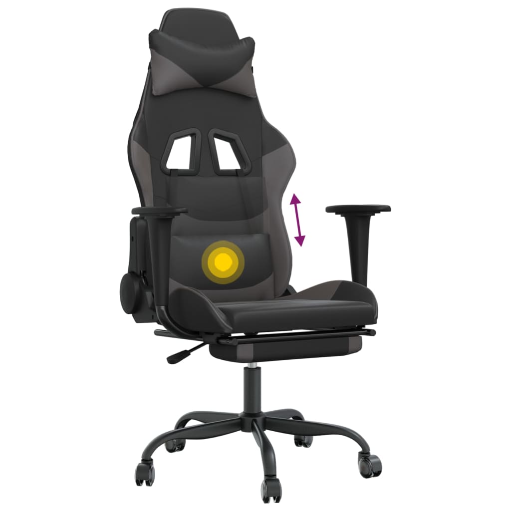 Chaise de Gaming & massage avec repose-pied Noir & Gris Similicuir