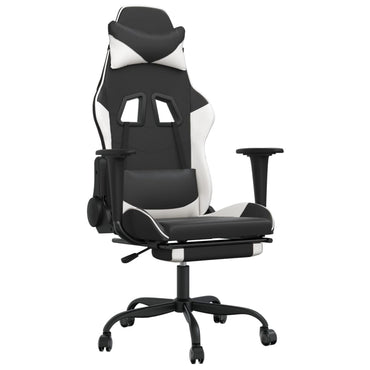 Gaming- und Massagestuhl mit schwarzen und weißen Fußstützen