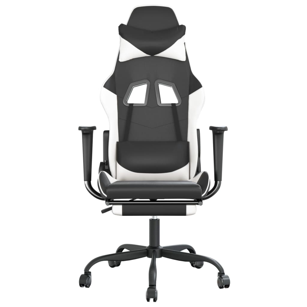 Gaming- und Massagestuhl mit schwarzen und weißen Fußstützen
