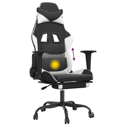 Gaming- und Massagestuhl mit schwarzen und weißen Fußstützen