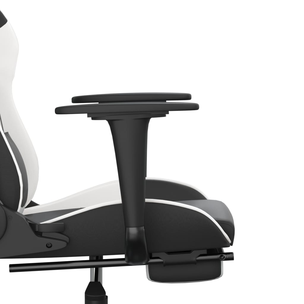 Gaming- und Massagestuhl mit schwarzen und weißen Fußstützen