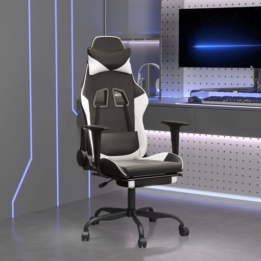 Gaming- und Massagestuhl mit schwarzen und weißen Fußstützen