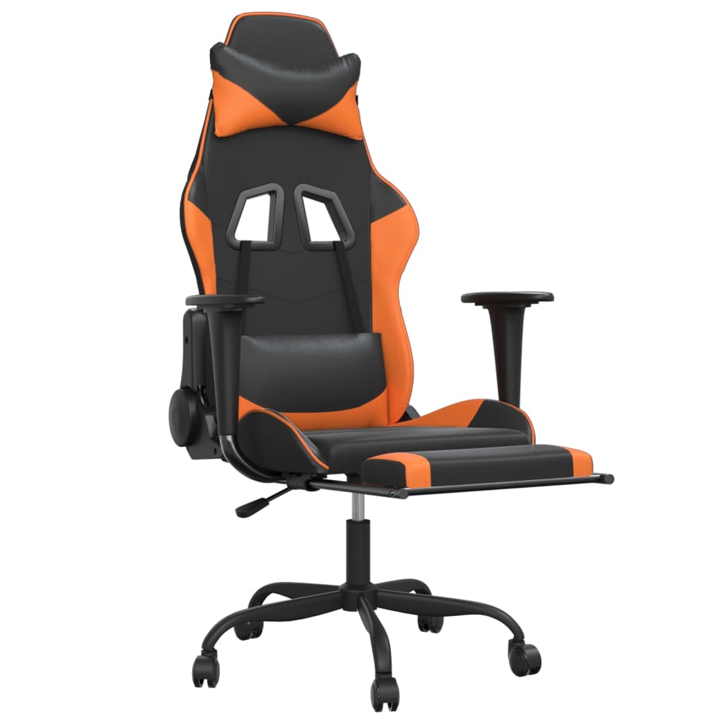 Cadeira de jogos e massagem e apoios de pés pretos e laranja