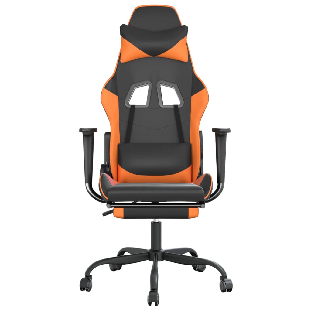 Cadeira de jogos e massagem e apoios de pés pretos e laranja