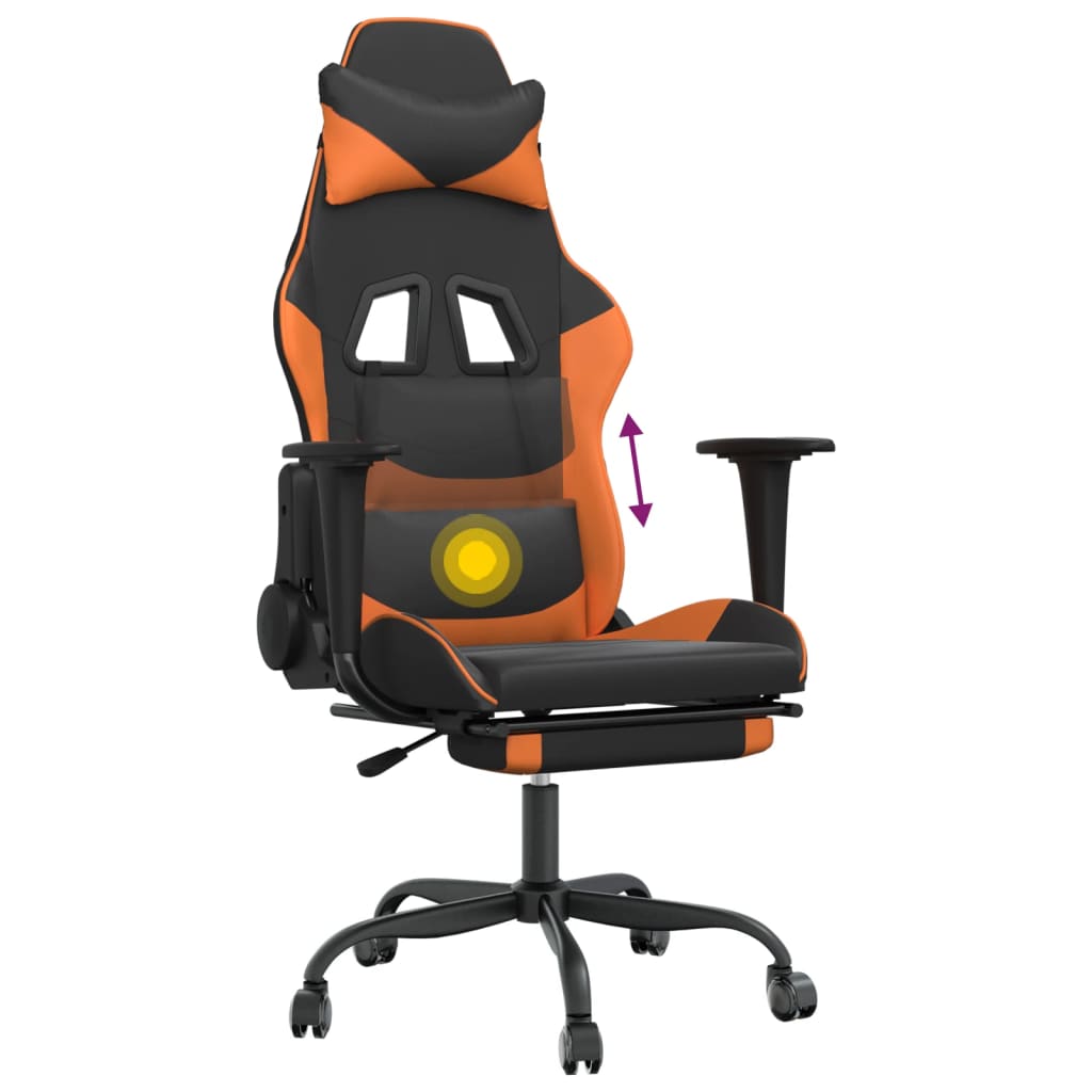 Cadeira de jogos e massagem e apoios de pés pretos e laranja