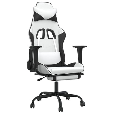 Gaming- und Massagestuhl mit weißen und schwarzen Fußstützen