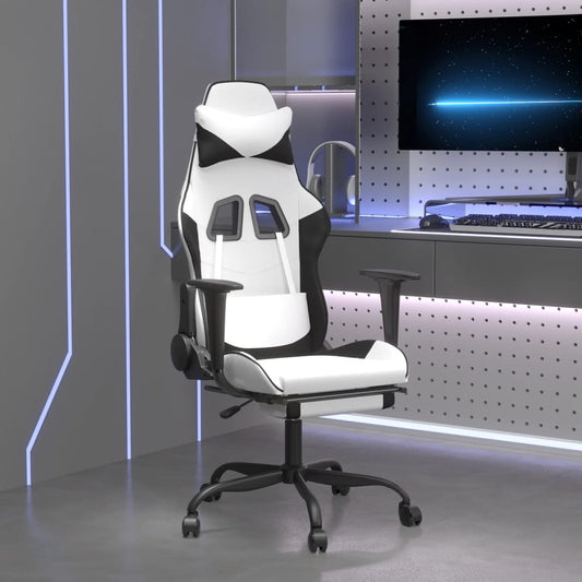 Gaming- und Massagestuhl mit weißen und schwarzen Fußstützen