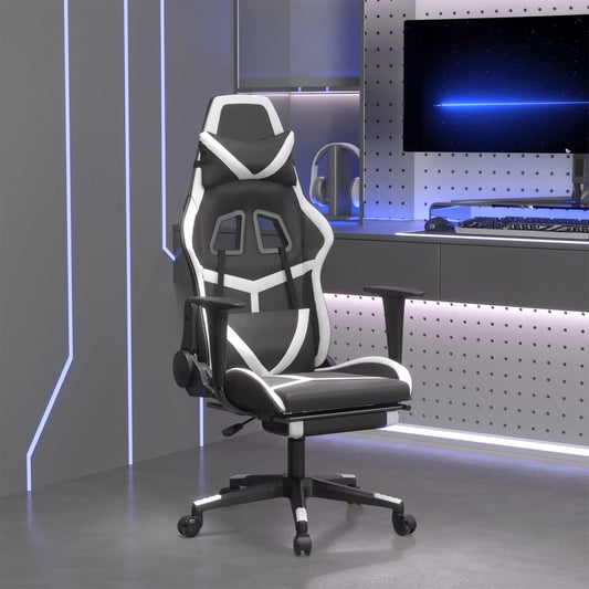 Gaming- und Massagestuhl mit schwarzen und weißen Fußstützen