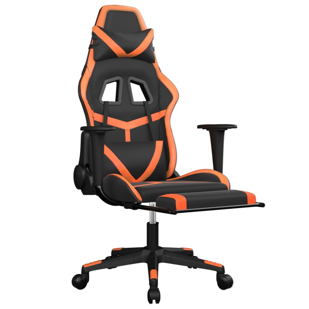 Cadeira de jogos e massagem e apoios de pés pretos e laranja
