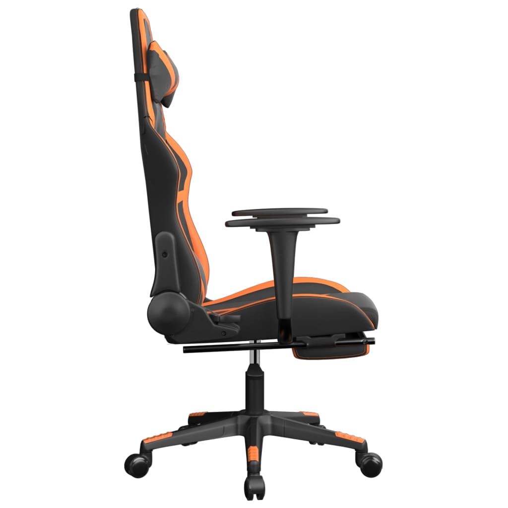 Cadeira de jogos e massagem e apoios de pés pretos e laranja