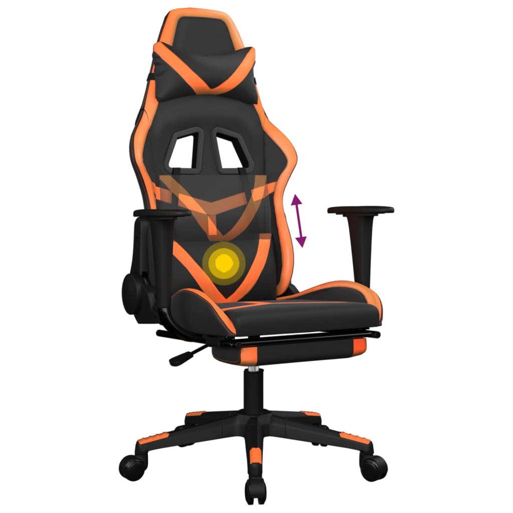 Cadeira de jogos e massagem e apoios de pés pretos e laranja