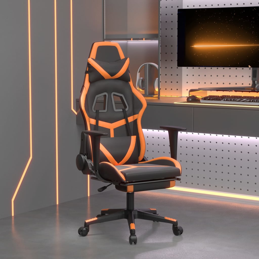Cadeira de jogos e massagem e apoios de pés pretos e laranja