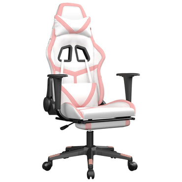 Gaming- und Massagestuhl mit weißen und rosa Fußstützen