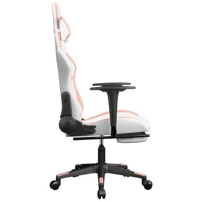 Gaming- und Massagestuhl mit weißen und rosa Fußstützen