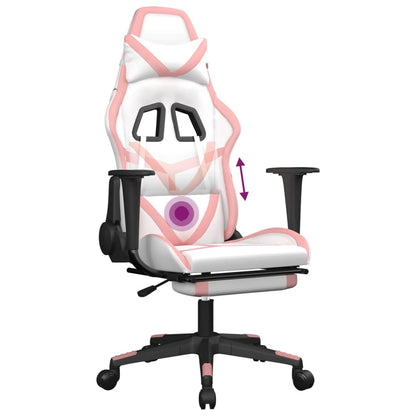 Gaming- und Massagestuhl mit weißen und rosa Fußstützen