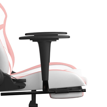 Gaming- und Massagestuhl mit weißen und rosa Fußstützen