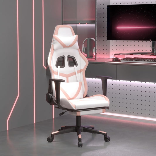 Gaming- und Massagestuhl mit weißen und rosa Fußstützen