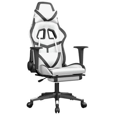 Gaming- und Massagestuhl mit weißen und schwarzen Fußstützen