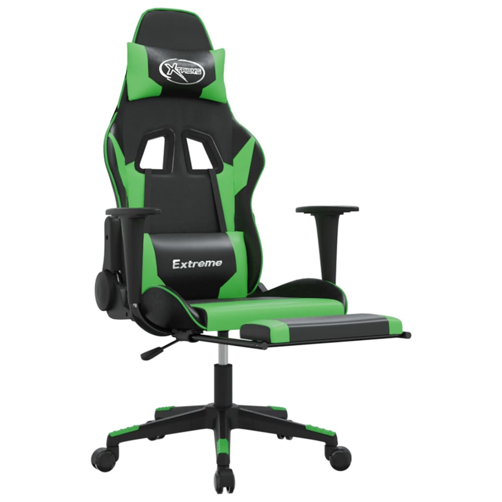 Cadeira de jogos e massagem e apoios de pés pretos e verdes