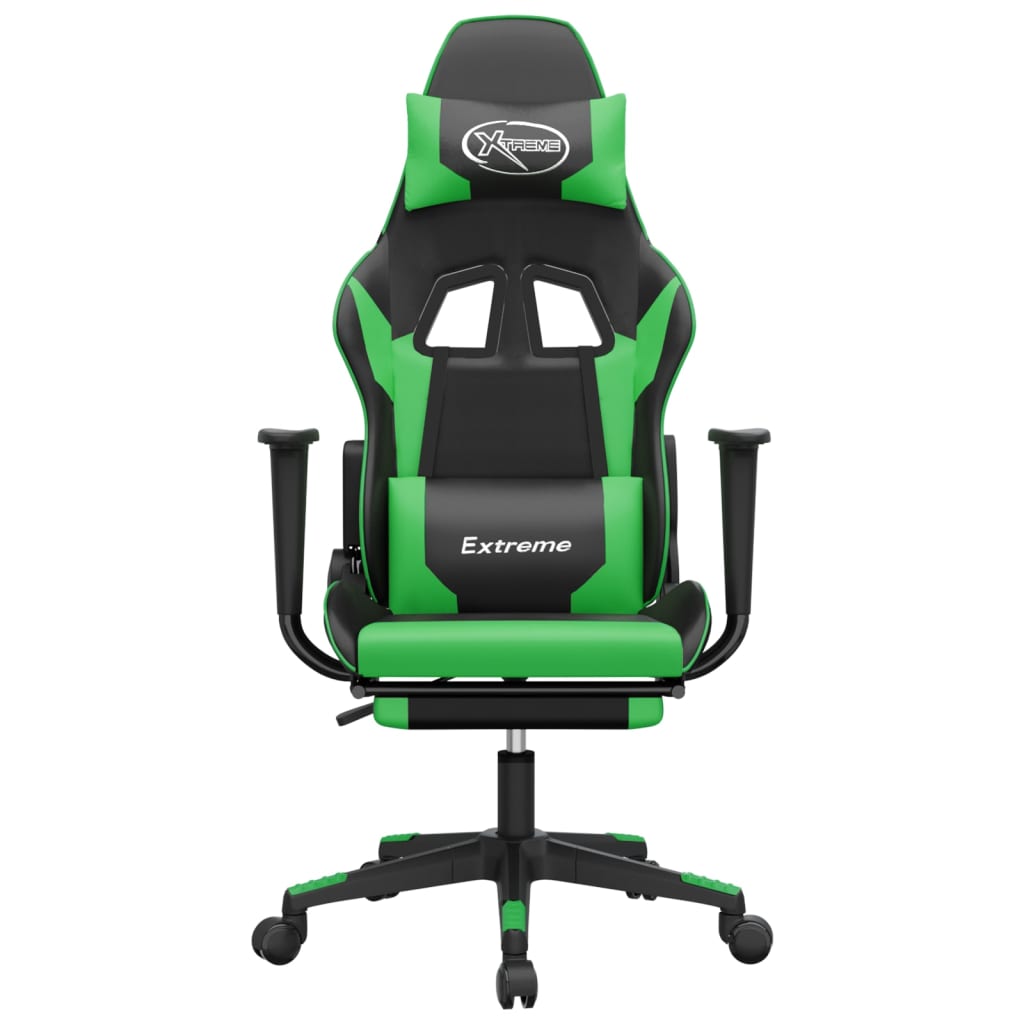 Cadeira de jogos e massagem e apoios de pés pretos e verdes