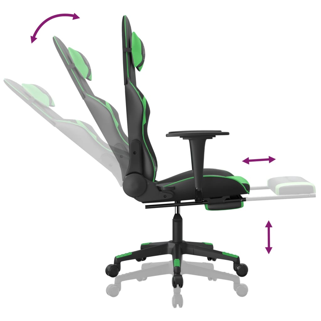 Cadeira de jogos e massagem e apoios de pés pretos e verdes