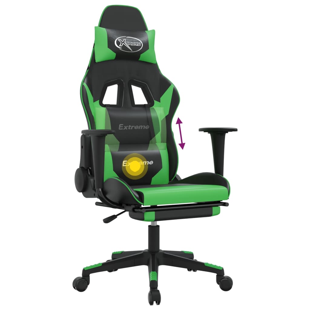 Cadeira de jogos e massagem e apoios de pés pretos e verdes