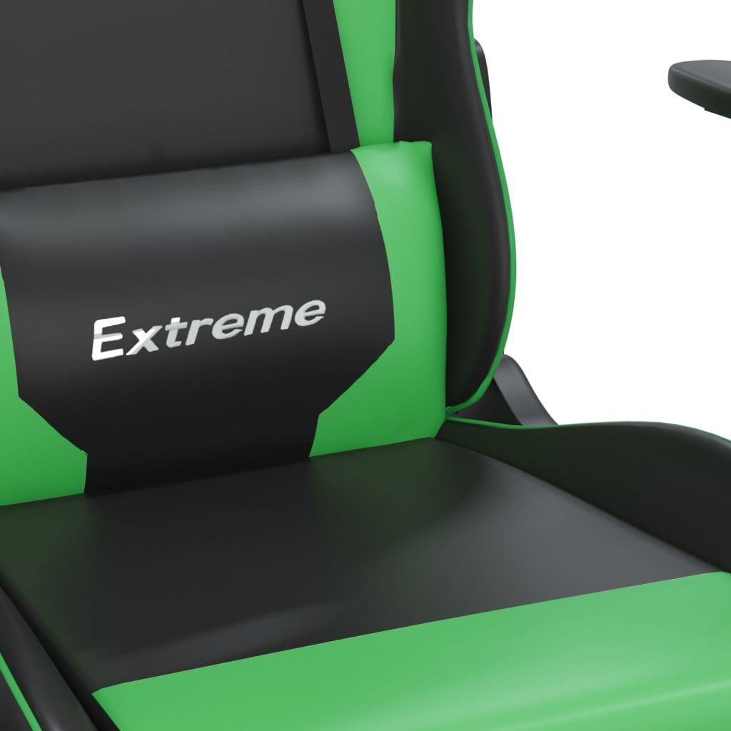 Cadeira de jogos e massagem e apoios de pés pretos e verdes