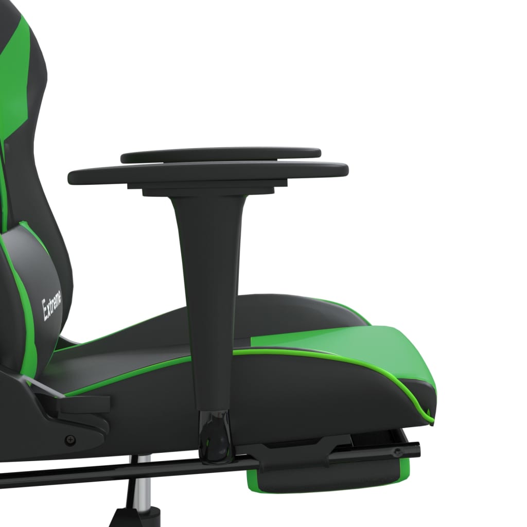 Cadeira de jogos e massagem e apoios de pés pretos e verdes