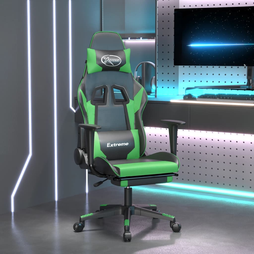 Cadeira de jogos e massagem e apoios de pés pretos e verdes