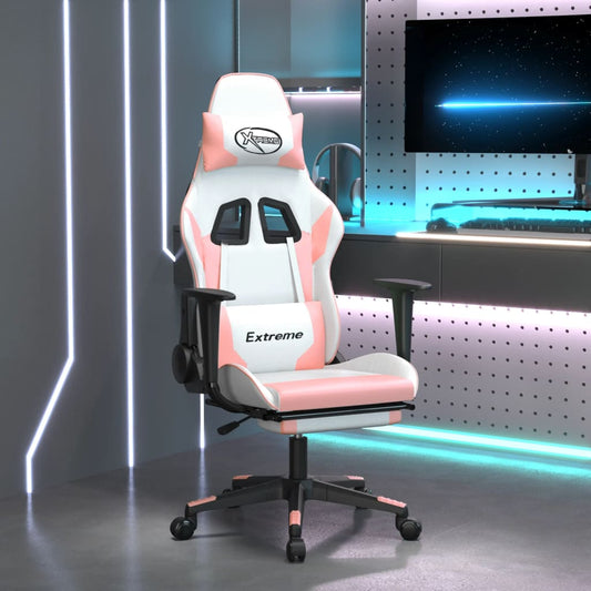 Gaming- und Massagestuhl mit weißen rosa weißen Fußstützen