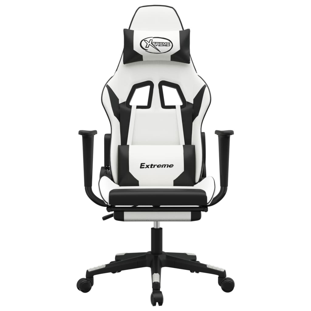 Gaming- und Massagestuhl mit schwarzen weißen Fußstützen