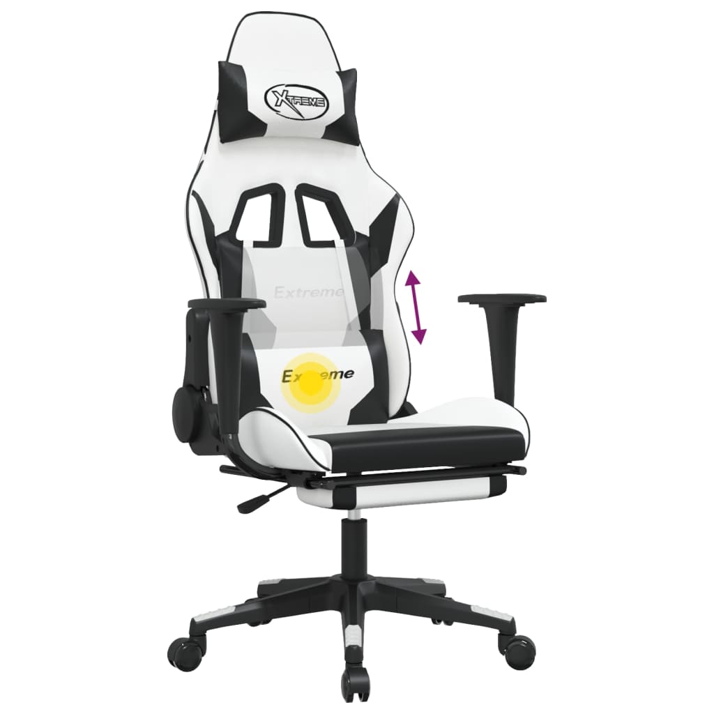 Gaming- und Massagestuhl mit schwarzen weißen Fußstützen