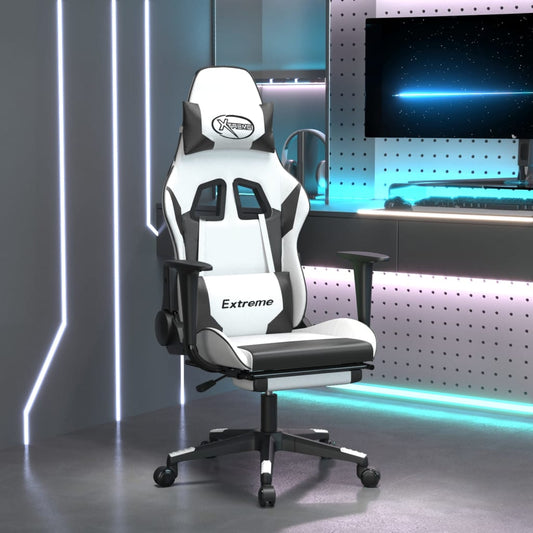 Gaming- und Massagestuhl mit schwarzen weißen Fußstützen