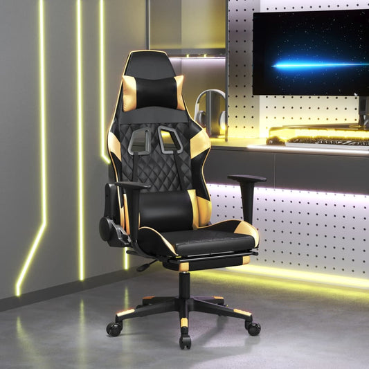 Gaming- und Massagestuhl mit schwarzen und goldenen Fußstützen