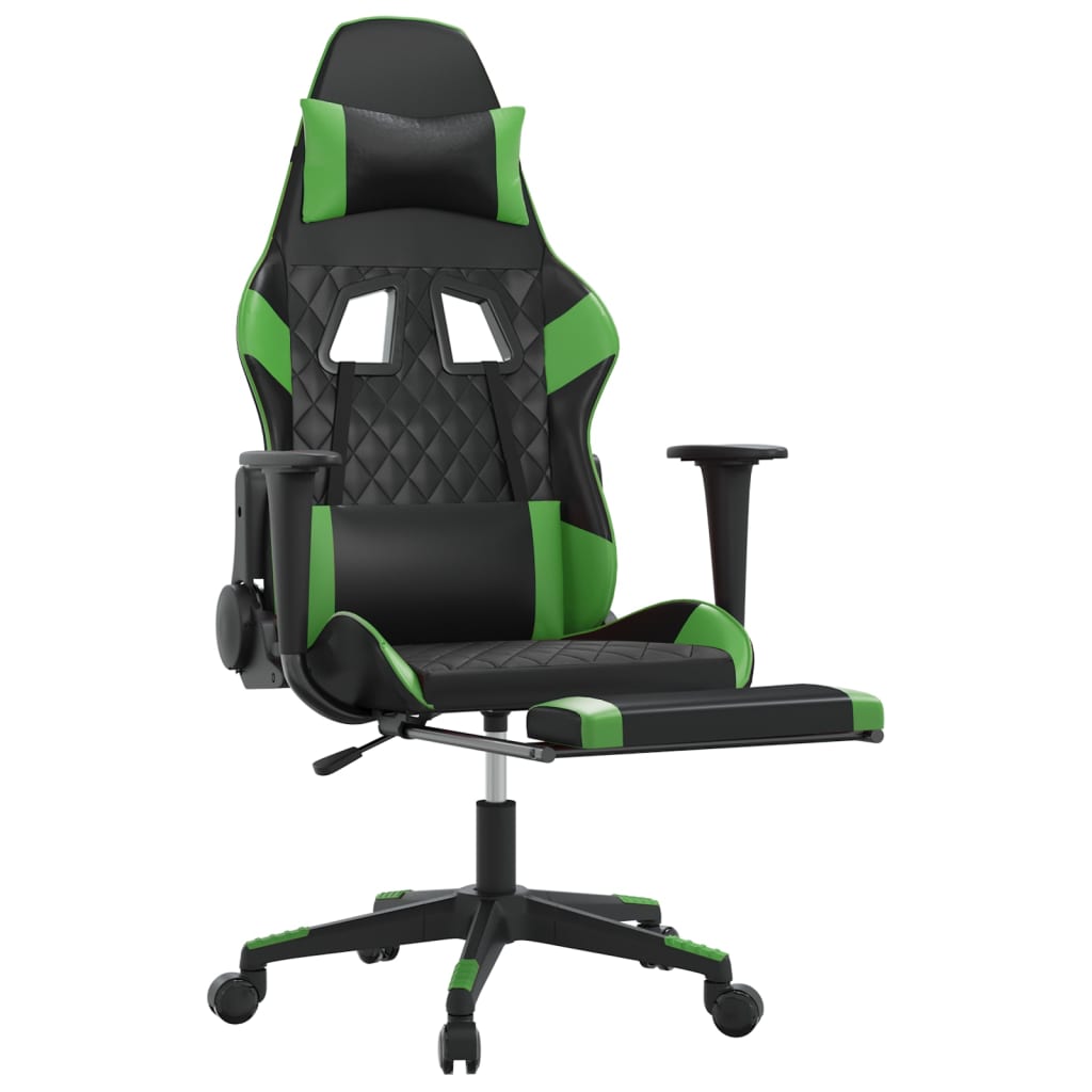 Cadeira de jogos e massagem com apoios de pés pretos e verdes